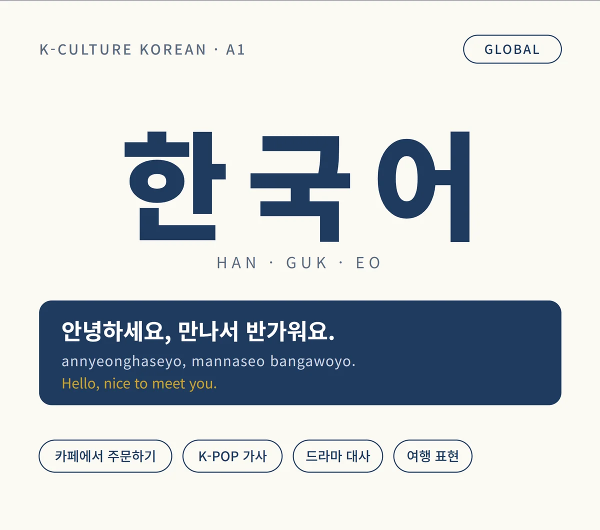Course graphic: Hangul syllables and a subtitled greeting, “안녕하세요, 만나서 반가워요.”